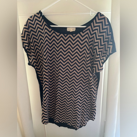 Emi & Ice Tan Navy Blue Striped Shirt Size L - Picture 1 of 2